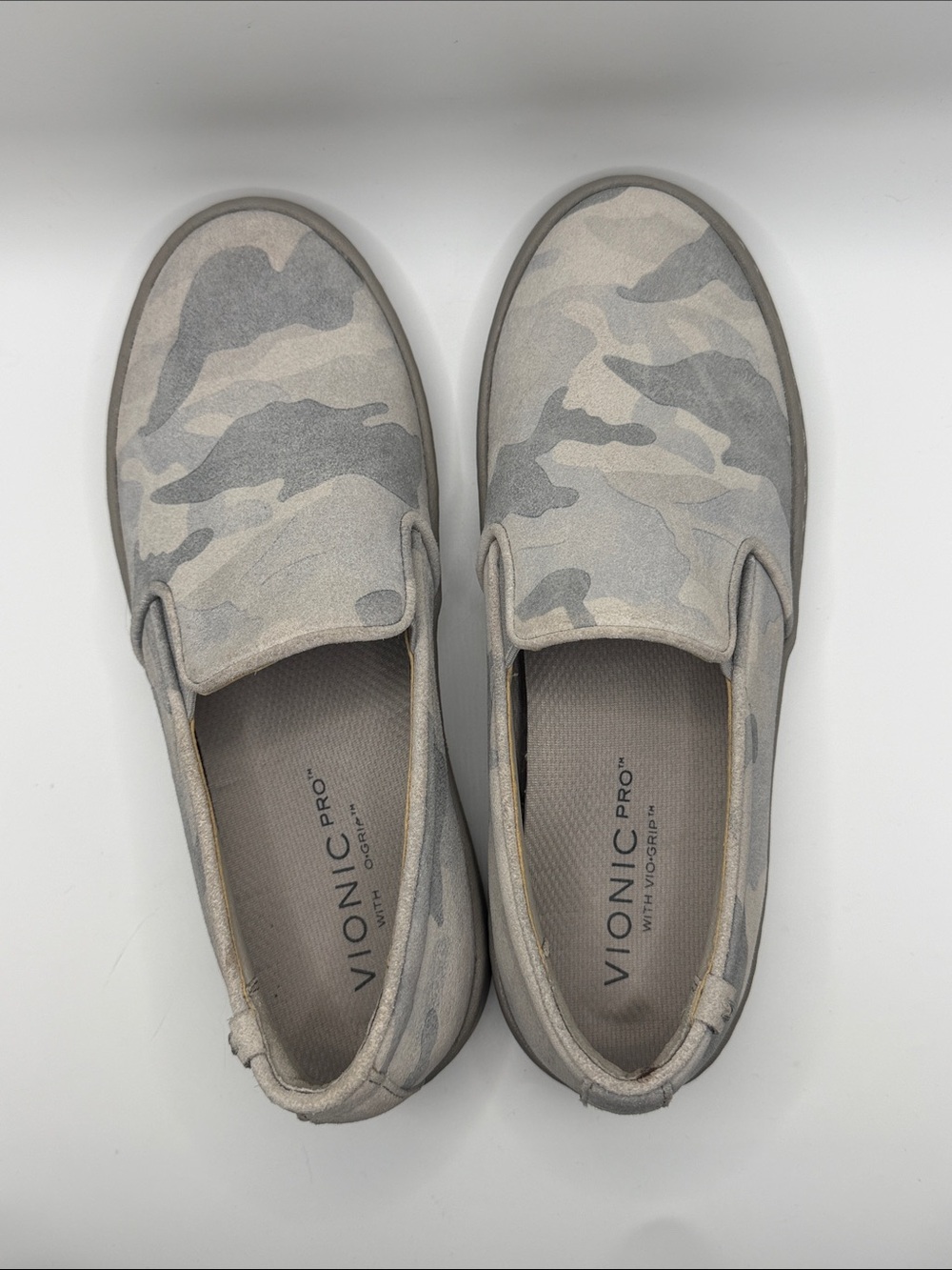 Vionic Avery Camo Slip-On Sneakers in Light Gray and Beige Camo